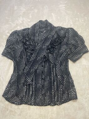 Bebe Polka Dot Tie Neck Ruffle Blouse Black White Medium